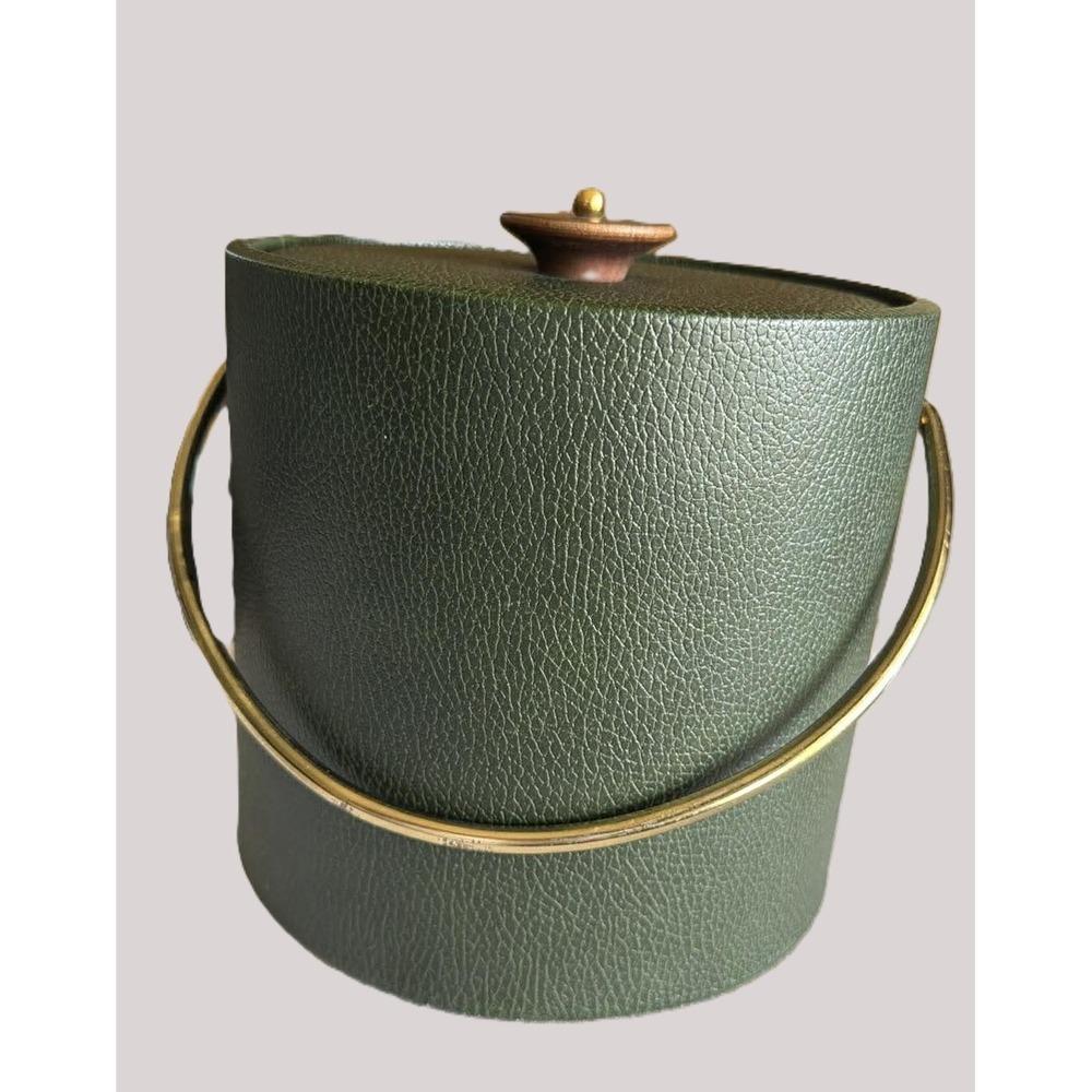 Vintage MCM Retro Ice Bucket Olive Green Faux Leather Gold Tone Barware 7.5in